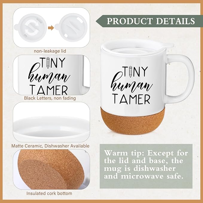 4 Pcs Tiny Humans Tamer Teacher Appreciation Gift Set for Mom Preschool Kindergarten Daycare Teacher Thank You Notebook Coffee Mug Cup with Lid Scented Candle Ballpoint Pen
