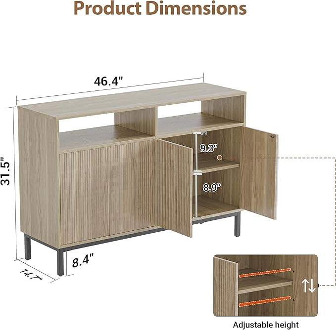 Mericonia Farmhouse Buffet Sideboard Cabinet with Storage, Fluted Coffee Bar with Doors and Adjustable Shelves, Modern Wood Console Cabinet for Kitchen, Livingroom (Fluted 4 Door, Oak)