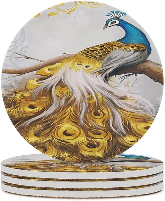 Peacock Drink Coasters, Round Ceramic Drink Coaster Round-4PCS, Tree Branch Vintage Beautiful Gold Peacock Decor Absorbent Ceramic Coasters for Beverage Cup, Bar, Coffee Table