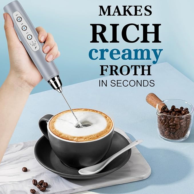 Milk Frother Handheld for Coffee, Electric Whisk 3 Speed Adjustable, Drink Mixer with Stainless 3 Whisks, Rechargeable Hand Frother Wand, Foam Maker for Latte Cappuccino Hot Chocolate Egg