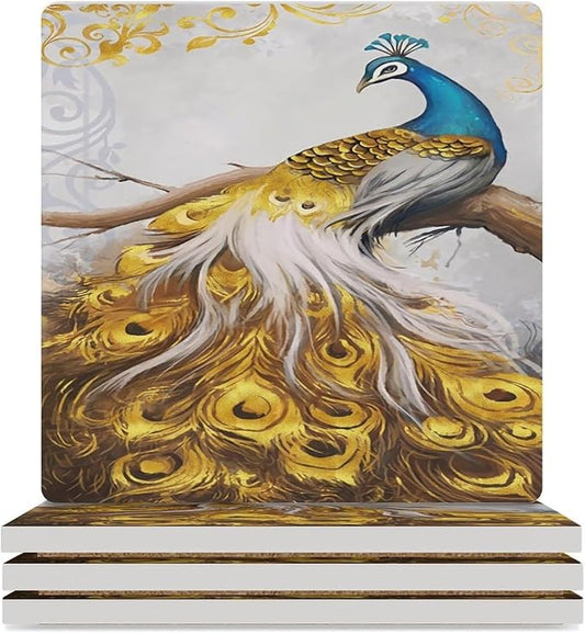 Peacock Drink Coasters, Square Ceramic Drink Coaster Square-4PCS, Tree Branch Vintage Beautiful Gold Peacock Decor Absorbent Ceramic Coasters for Beverage Cup, Bar, Coffee Table
