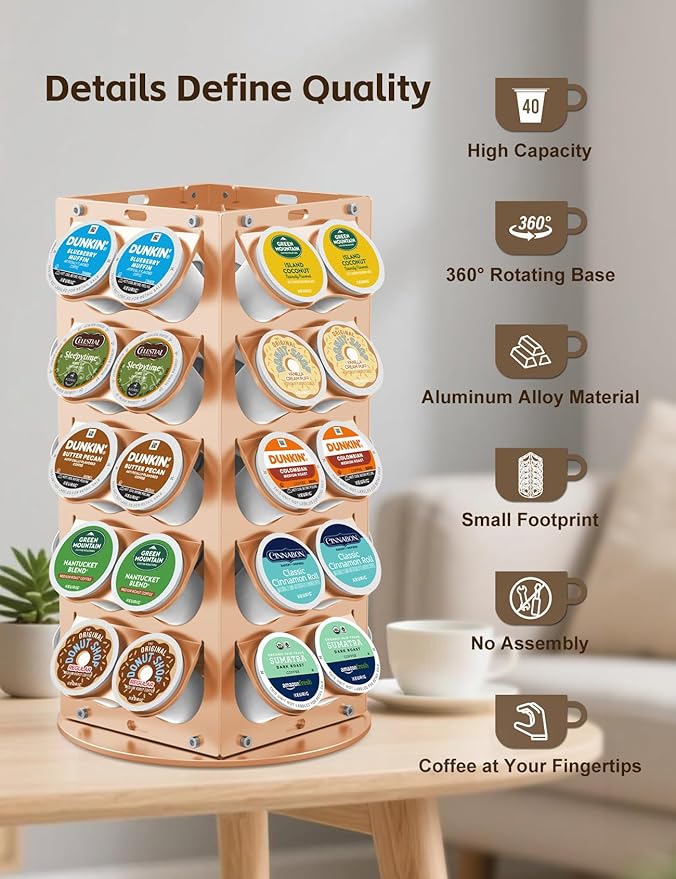 K Cup Holder, Coffee Pod Holder for Keurig – 360° Rotating Aluminum Coffee Organizer for Countertop,Saving Design with Anti-Slip Base for Kitchen or Office,Capacity of 40 Pods,Gold