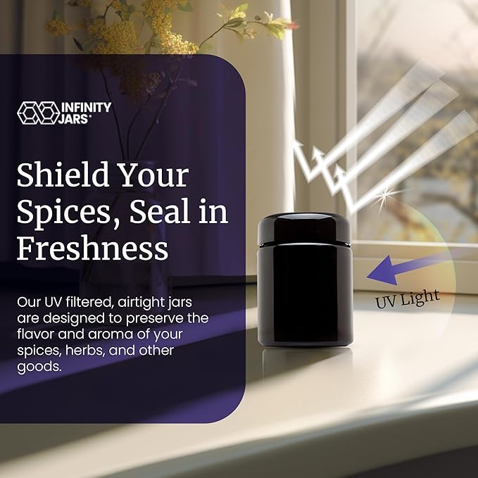 Infinity Jars Tall Screw Top Jar 50 ml (1.7 fl oz) – UV Black Glass Airtight Smell-Proof Container for Coffee, Tea, Dried Goods – Refillable Tall Jar for Long-Term Kitchen Storage