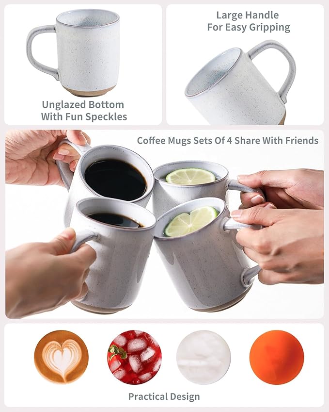 HASENSE Coffee Cups Ceramic 12 OZ with Hanldes, Coffee Mugs Set of 4 for Tea, Cocoa, Milk, Latte and Cappuccino, Porcelain Coffee Cups with Speckled Patterns for Man Woman, Bluish White