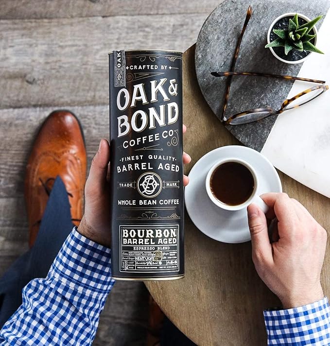 Espresso Bourbon Barrel Aged Coffee, Colombia & Brazil Blend, Whole Bean Arabica, Dark Roast w/ Chocolate, Black Cherry, Toffee, Rich Kentucky Bourbon & Oak Flavors by Oak & Bond Coffee Co. – 10oz.
