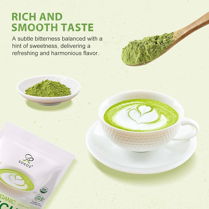 Soeos Organic Matcha Powder, Matcha Green Tea Powder, 2 oz (57g), Antioxidant-Rich Japanese Matcha for Lattes, Smoothies and Baking, Recyclable Bags