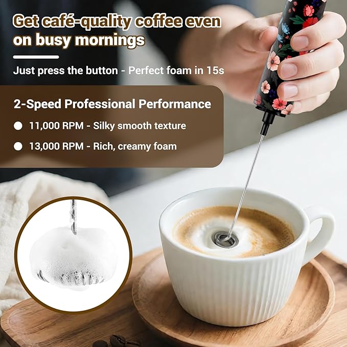 Milk Frother Handheld Rechargeable - 2-Speed Electric Whisk with 5 Detachable Heads (Frother/Mixer/Whisk) for Coffee, Latte, Cappuccino & Matcha, Drink Mixer (Flower 2)