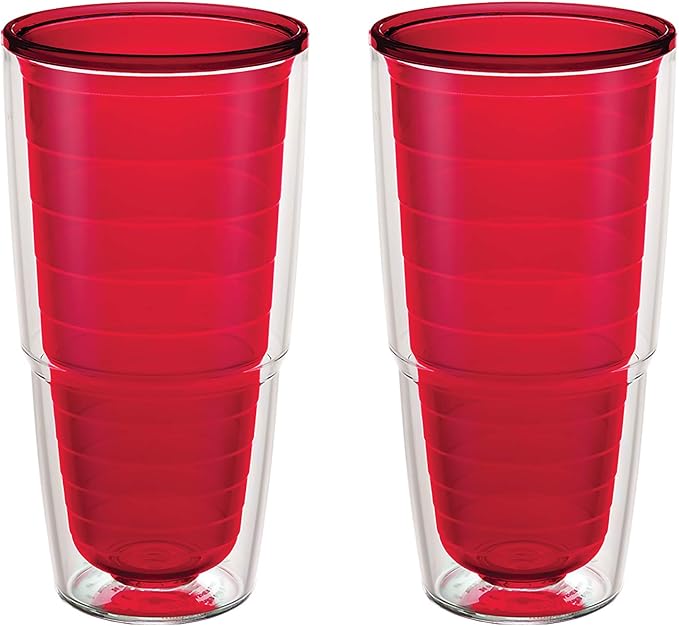 Tervis Clear & Colorful Tabletop Made in USA Double Walled Insulated Tumbler Travel Cup Keeps Drinks Cold & Hot, 24oz - 2pk, Red