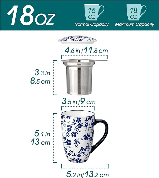 vancasso SELENE Porcelain Tea Mug, 18 oz Porcelain Tea Cup with Infuser and Lid Steeps Loose Leaf Tea, Microwave & Dishwasher Safe, Five-Leaf Clover