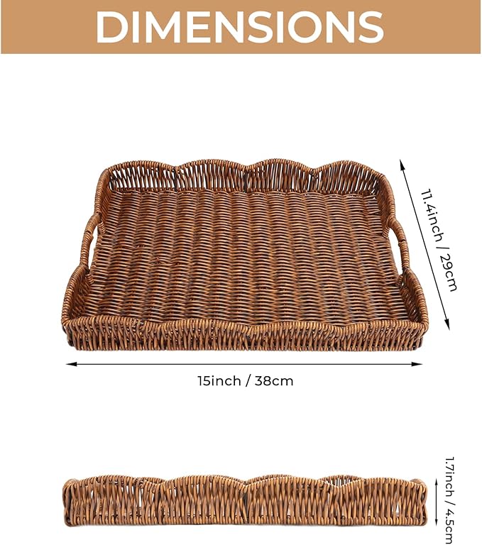 Rectangle Wicker Scalloped Tray, Hand Woven Synthetic Rattan Serving Tray with Handles, Coffee Table Decorative Tray Basket for Modern Boho Rustic Home Ornament or Organizing (Brown)