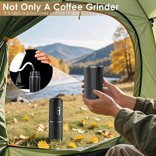 All-in-One Pour Over Coffee Maker Portable Electric Burr Coffee Grinder, Rechargeable Coffee Bean Grinder Conical Burr, Battery Powered Cordless Portable Coffee Maker for Travel, Camping, Car
