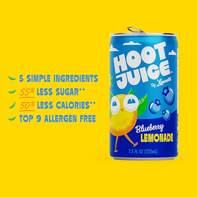 Hoot Juice Lemonade By Lemonati, No Artificial Sweeteners or Flavors, Gluten-Free, Kosher, Non-GMO, Vegan, 7.5 Fl Oz Mini-Cans, Pack of 24, Blueberry