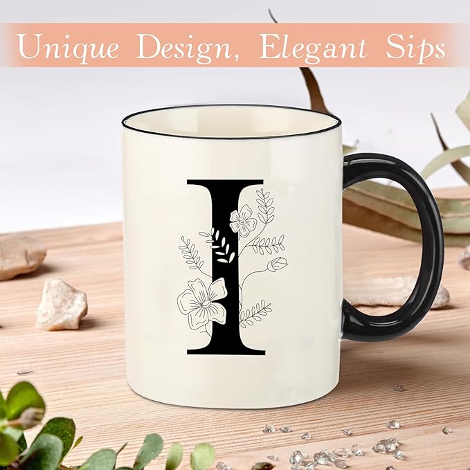 Monogram Ceramic Coffee Mugs, 11 oz Initial Drinking Cup with Gift Box, Unique Birthday Christmas Gifts for Women Wife Mothers Day Grandma Mom Aunt, I