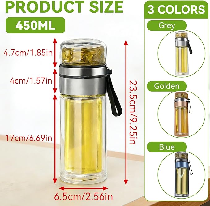 Tea Infuser Bottle, Glass Tea Infuser Bottle Double Wall Portable Tumbler Mug Travel Tumbler Mug Men (Steel Color)