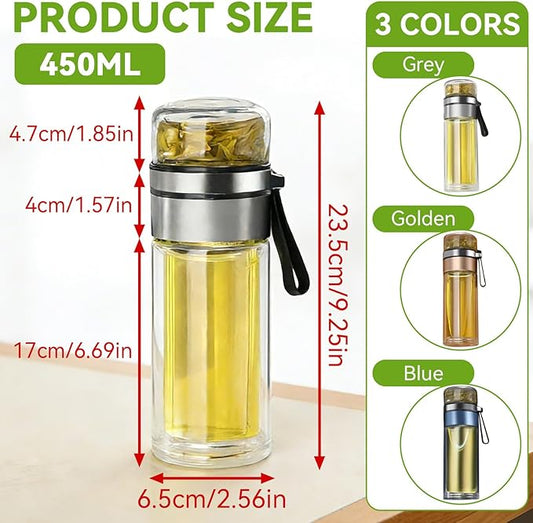 Tea Infuser Bottle, Glass Tea Infuser Bottle Double Wall Portable Tumbler Mug Travel Tumbler Mug Men (Steel Color)
