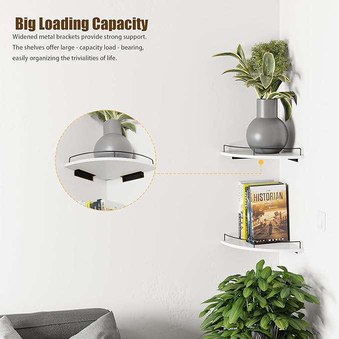 Corner Floating Shelves, Rustic Brown Wood, Set of 2, Wall Mount Storage with Guardrail for Bathroom Kitchen Living Room (White)