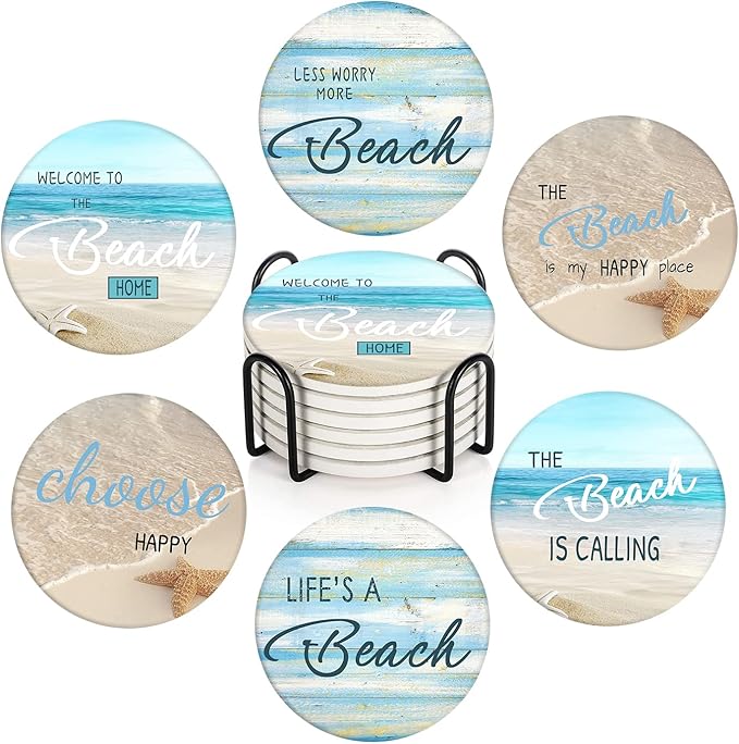 Britimes Coaster for Drinks Set of 6, Beach Shell Antique Teal Blue Table Absorbent Round Ceramic Stone Mat, with Cork Base and Metal Holder, Gift for Housewarming Room Bar Decor