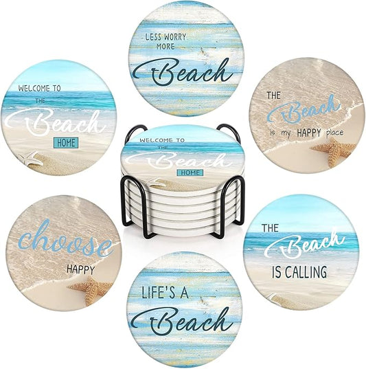 Britimes Coaster for Drinks Set of 6, Beach Shell Antique Teal Blue Table Absorbent Round Ceramic Stone Mat, with Cork Base and Metal Holder, Gift for Housewarming Room Bar Decor