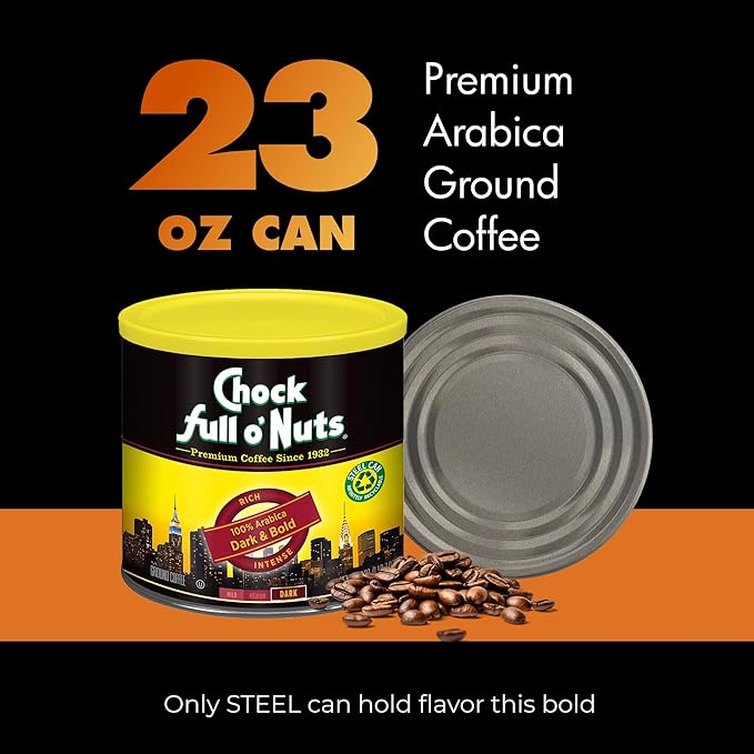 Chock Full o' Nuts Dark & Bold Ground Coffee – Premium Beans in Recyclable Steel Can – Rich Flavor & Aroma, Dark Roast – Perfect for Drip, Pour-Over, Percolator – 23 Oz Can