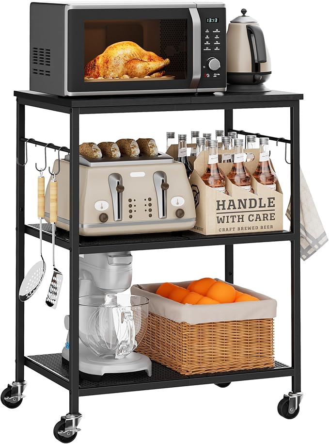 3-Tier Rolling Kitchen Microwave Cart, Kitchen Utility Cart on Lockable Wheels, Coffee Bar Table Station with 6 S-Shaped Hooks, Small Appliance Storage Shelf, Black
