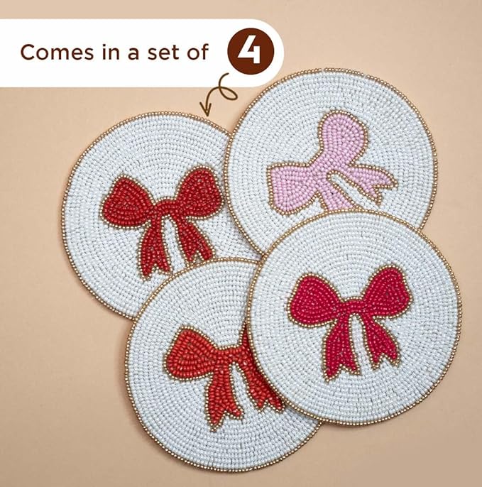 Folkulture Valentine Beaded Coasters Set of 4 (4″) | Handmade Boho Drink Coasters, Decorative Table Protection for Coffee & Cocktails | Romantic Gift for Her | Cute Valentine Table Décorations