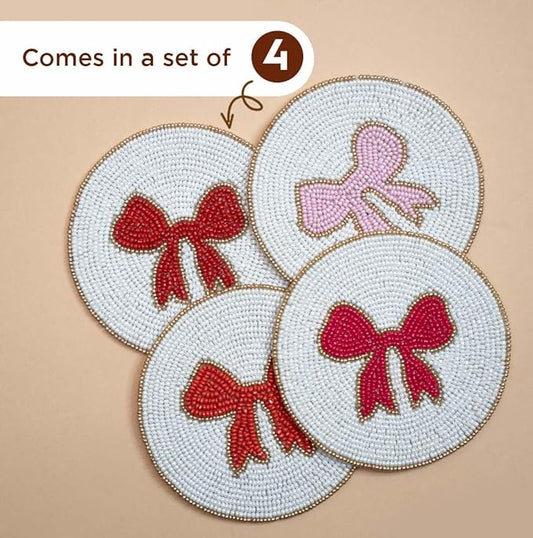 Folkulture Valentine Beaded Coasters Set of 4 (4″) | Handmade Boho Drink Coasters, Decorative Table Protection for Coffee & Cocktails | Romantic Gift for Her | Cute Valentine Table Décorations