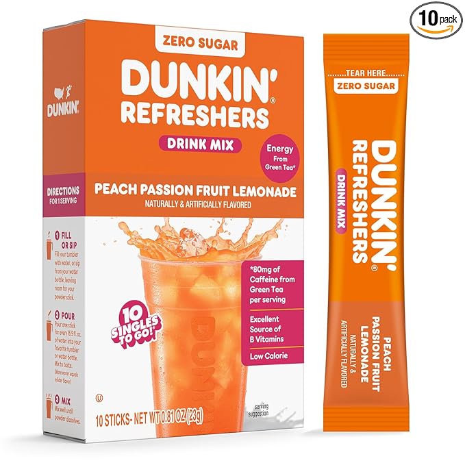 Dunkin’ Refreshers Singles To Go! Powdered drink mix packets, Peach Passionfruit Lemonade,10 packets per box Energy from Green Tea, aspartame-free, no synthetic colors, naturally and artificially flavored, just add water