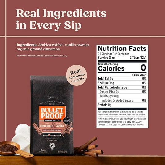 Bulletproof Cinnamon & Vanilla Flavored Ground Coffee, 10 Ounces, Medium Roast, Clean Coffee Tested for Toxins, No Artificial Flavors, 100% Arabica Beans