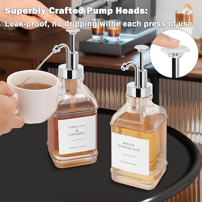 Coffee Syrup Dispenser for Coffee Bar, Clear Glass Syrup Bottles with Pump, Refillable Maple Syrup Storage, Coffee Station Accessories and Organizer, 500ml, Set of 2 (Chrome Finish)