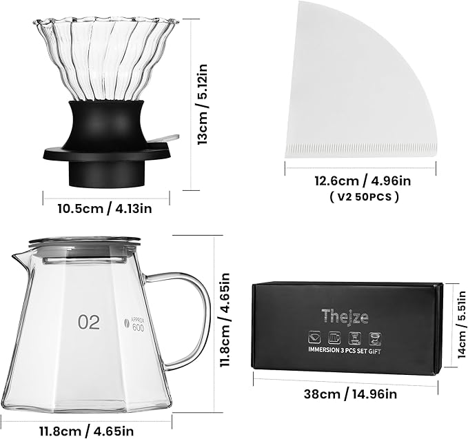 Switch pour over coffee maker, 3-in-1 Immersion &pour over coffee dripper, Stops Bitter Coffee, Includes 600ml Glass Pot & 50 Natural Paper Filters, Size 02, Ideal for Iced drink & Gift