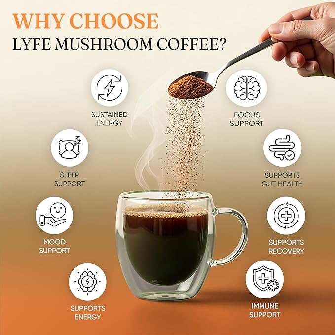 LYFE Organic Instant Decaf Mushroom Coffee, 40 Servings – Lion’s Mane, Chaga, Cordyceps & Turkey Tail | Adaptogenic Blend for Energy, Focus & Wellness | Natural Superfood Coffee for Daily Vitality