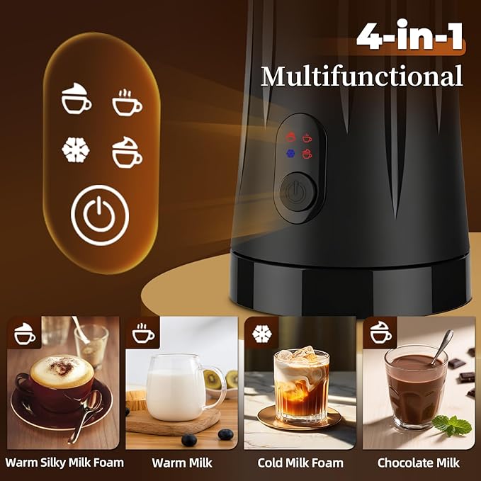 Milk Frother, Liksiy 4-in-1 Coffee Frother, Auto Shut-Off Milk Frother and Steamer with Hot & Cold Foam, Quiet Design Frother Machine for Latte, Cappuccino, Macchiato(Black)
