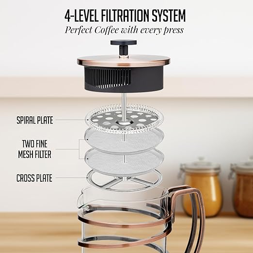 OVENTE French Press Coffee Maker 34 Ounce with Heat Resistant Borosilicate Glass, Stainless Steel Design and 4-Level Filter System, Portable Cold Brewer Pot for Travel, Camping or Gift, Copper FSW34C