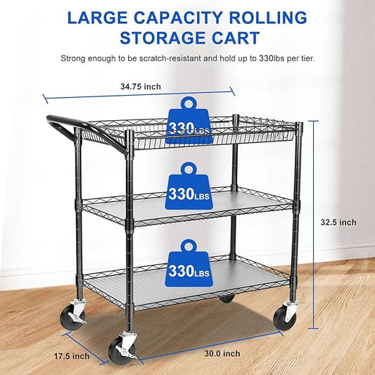 YNN Black Utility Rolling Cart,990Lbs 3 Tier Heavy Duty Metal Cart with Wheels & Handle NSF Wheeled Cart 31" D x 18" W x 33" H for Bedroom, Bathroom, Kitchen,Garden,Decor,Serving