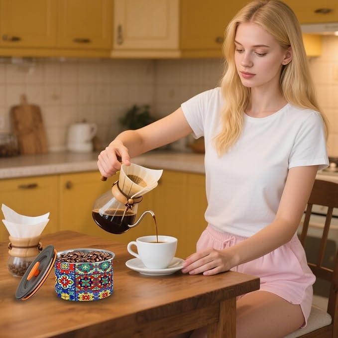 Stainless Steel Coffee Storage Containers with Airtight Lid, Colorful Mexican Talavera 17oz Food Storage Container Kitchen Canister for Tea, Coffee Beans, Ground, Sugar Storage