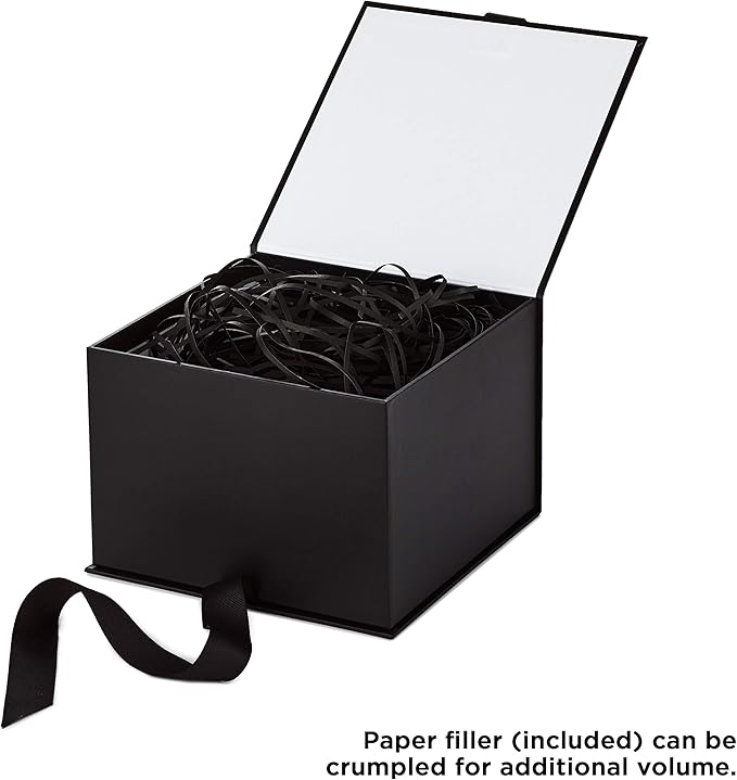 Hallmark Medium Gift Box with Lid and Shredded Paper Fill (Black 7 inch Box) for Weddings, Graduations, Birthdays, Father's Day, Groomsmen Gifts, All Occasion