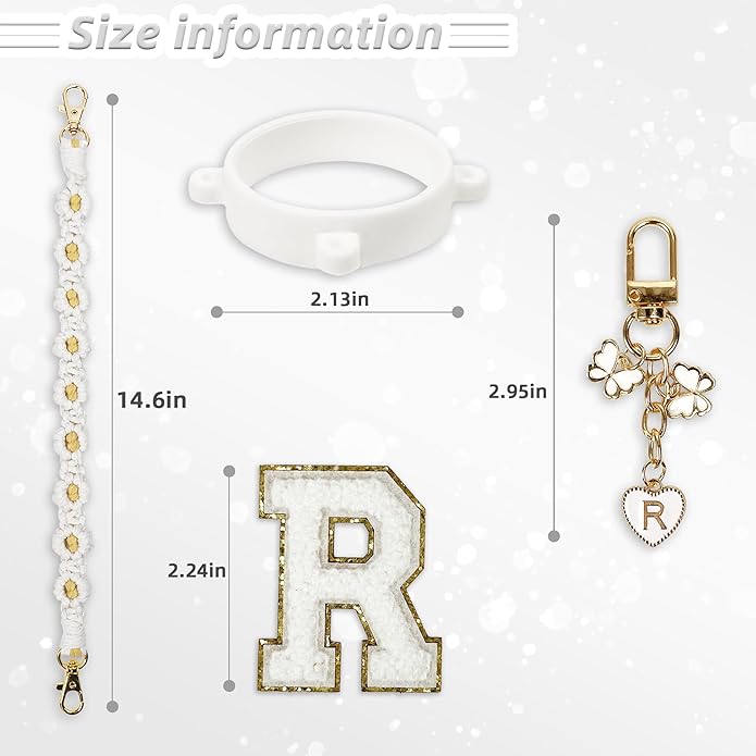 Compatible with Owala Water Bottle Accessories, Cute Letter Charm Set with Boho Handle Strap, Monogram Sticker, Silicone Ring, Keychain Decoration, for FreeSip 24 32 40oz, Owala Kids, Tumbler Gift
