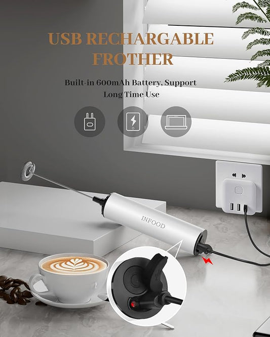 INFOOD Milk Frother Rechargeable with Cover - Coffee Frother Wand, Drink Mixer Handheld with 2 Detachable Stainless Whisks 2 Speed Adjustable for Latte, Cappuccino, Hot Chocolate, Egg, White
