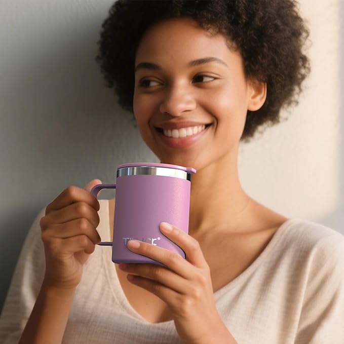 TILUCK 12 oz Insulated Coffee Mug with Lid,Stainless Steel Travel Mug Cup with Handle for Hot or Cold Drinks (Lilac, 12oz)