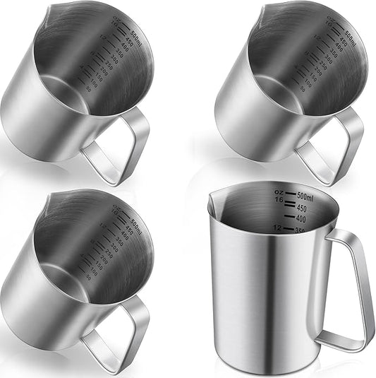 4 Pcs Stainless Steel Pitcher with Handle and Pour Lip 16OZ, 500ML, 2 Cup Metal Liquid Measuring Cup Measuring Jug Milk Frothing Pitcher for Milk Latte Art Water Pouring