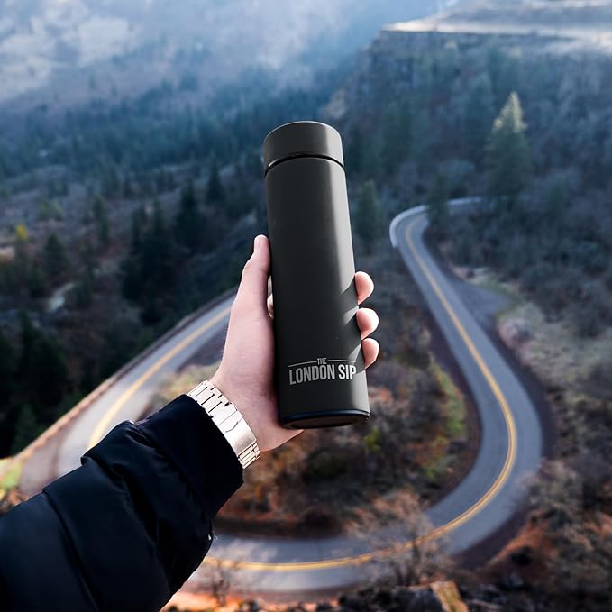 London Sip Multi-Purpose Travel Mug and Tumbler Fruit Infused Flask Hot and Cold Double Wall Stainless Steel Thermos with Extra-Long Infuser, Zen Black, Pack of 2