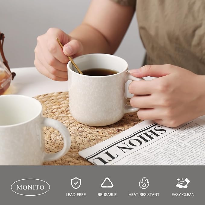 MONITO 12 OZ Coffee Mugs Set of 4, Modern Ceramic Coffee Mugs Set with handle for Tea/Latte/Cappuccino/Milk/Cocoa.White.