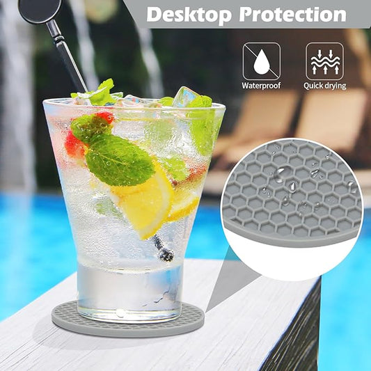 Silicone Coaster Set of 16 with Holder, Drinks Coasters, Suitable for Hot or Cold Cups, Anti-Slip, Non-Stick, Anti-Overflow Tabletop Protection and Decor (Gray, 16 Pcs)