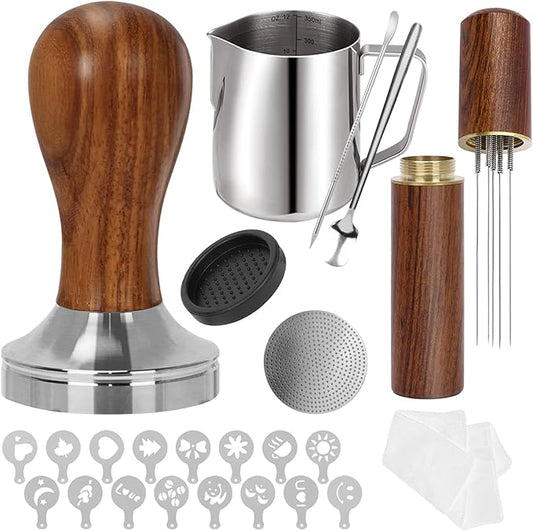 53.3mm Espresso Accessories Kit, 24PCS Coffee Tamper Set，Barista Kit, WDT Tool,316stainlesss Frothing Pitcher, Stirrer, Tamper Mat, Latte Art Pen ， Coffee puck screen