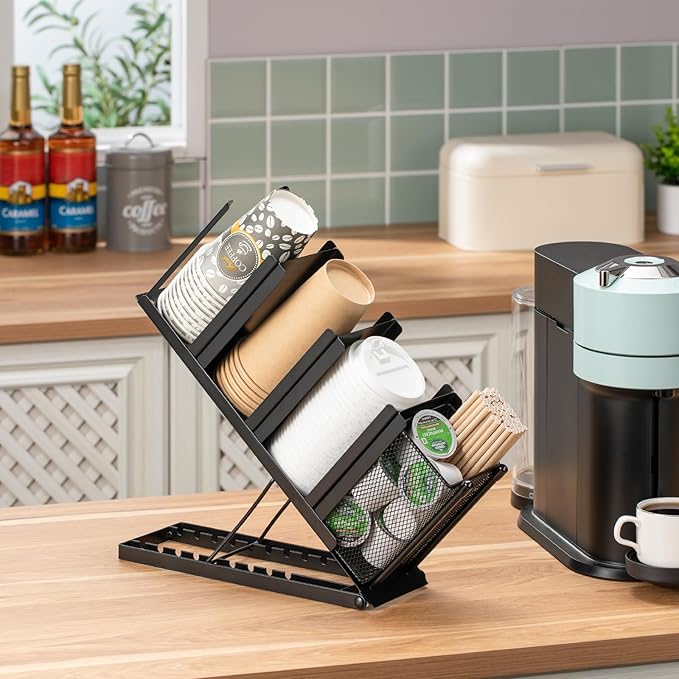 Rice rat Coffee Cup Holder Organizer 4 Compartment Disposable Cup Dispenser, Cup and Lid Holder with Mesh Basket for Countertop Coffee Station Bar, Black