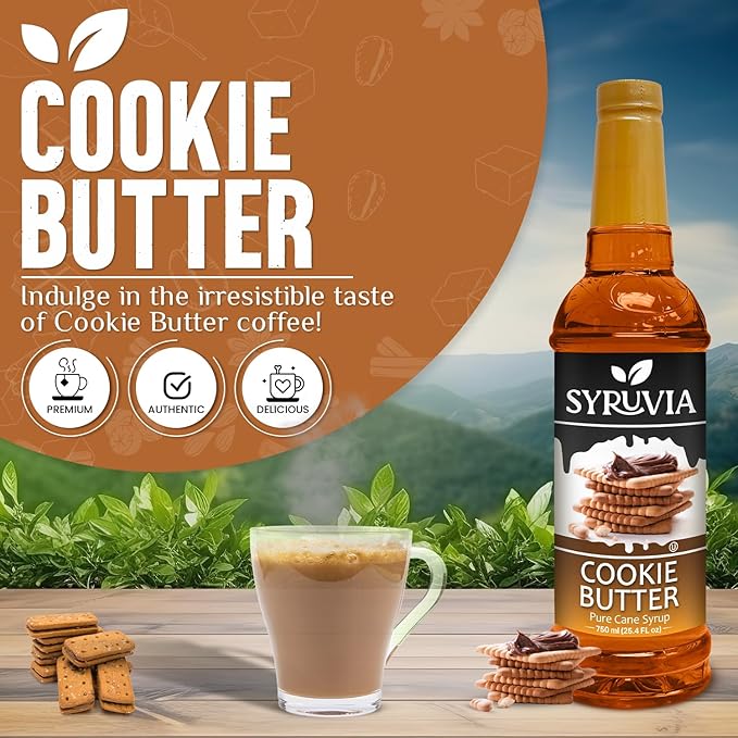 Syruvia Coffee Syrup, Cookie Butter Flavored Syrup for Drinks, Lattes, and Desserts – 25.4 fl oz, With Pump