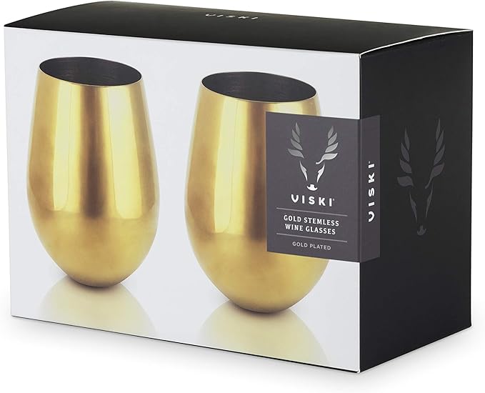 Viski Stainless Steel Wine Glasses, Modern Wine Tumblers, Elegant Drinking Glasses for Red and White Wines, Wedding Gifts, Holiday, Birthday Party, Home Bar, Drinkware Set of 2, 18 oz, Gold