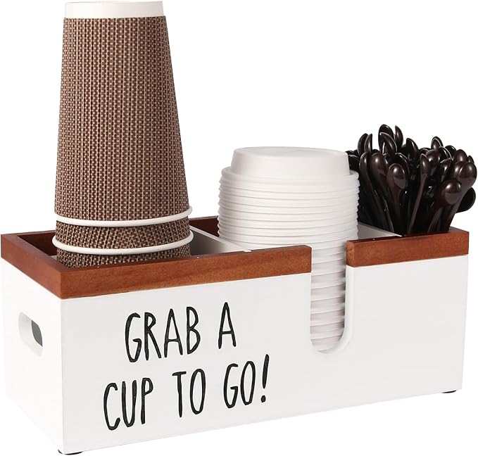 100% Wooden Coffee Cups Holder with U-Shape Cutout Design for Countertop-Coffee Bar Organizer for Cups, Lids, Pods, Stirrers, and Accessories, Great Gift for Home or Office (White)