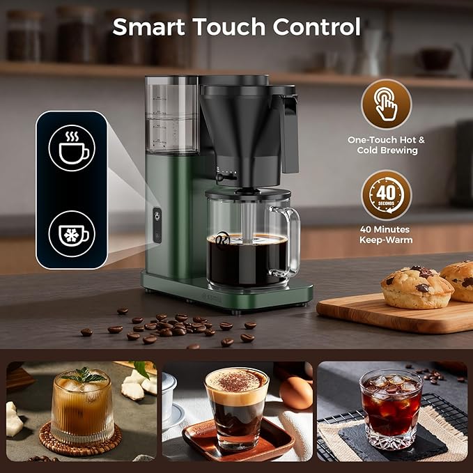 Kismile 8 Cup Drip Coffee Maker Machine, Pour Over Coffee Brew with 3s Instant Heat 197-205℉, Removable Water Tank, Adjustable Flow Control, Deep Cold Brew & Keep Warm 40 Min, Easy to Clean (Juniper)