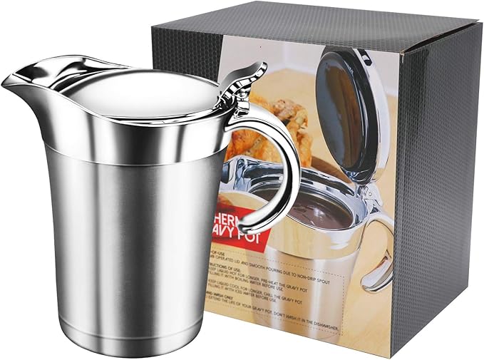 Gravy Boat 26oz Extra Large Double Insulated 304 Stainless Steel, Gravy Warmer, Double Wall Creamer Pitcher and Caramel Sauce for Coffee, Stainless Steel Pitcher